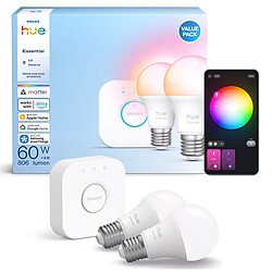 Philips Hue Ampoule connectée Essential E27 A60 8 W Bluetooth x 2 + Kit de démarrage