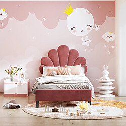 RAVAS Lit simple adulte/enfant 90x200 cm, Tête de lit en forme de fleur, Sommier à lattes en MDF, Tissu en velours, Rouge