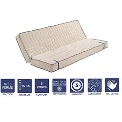 Provence Literie Matelas Très Ferme Pour Clic Clac 130x190 x 15 cm + Oreiller Visco - Dim Assise 60 cm - Déhoussable Housse Lavable - 5 zones de Confort - Ame Poli Lattex Haute Résilience - Hypoallergénique 