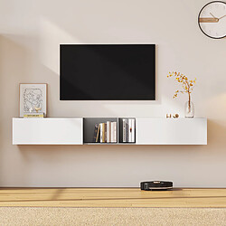 RAVAS Meuble TV blanc extra large, longueur 220 cm, suspendu, avec 2 portes et 2 étagères ouvertes, Meuble TV suspendu