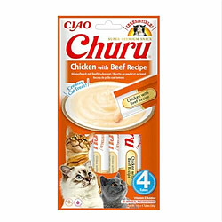 INABA Churu - Friandises pour Chats en purée au Poulet & b?uf - 4 Tubes x 14g - Délicieux Snacks pour Félins - Texture Lisse et Onctueuse - Nourriture pour Chats 