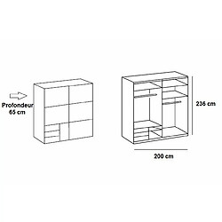 Inside 75 Armoire coulissante LISEA 2 portes 3 tiroirs chêne poutre verre blanc 200 x 236 cm HT