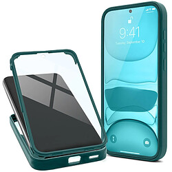 Moozy Coque 360 pour Samsung S21 FE - Coque transparente à bord vert, protection intégrale double face, coque avec protecteur d'écran intégré