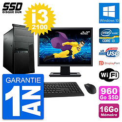 PC Tour Lenovo M91p Ecran 22" Intel i3-2100 RAM 16Go SSD 960Go Windows 10 Wifi - Occasion