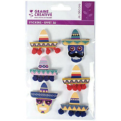 Graines Creatives 6 stickers 3D - Chapeaux mexicains Sombreros 5,5 cm 