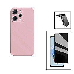 PHONECARE Kit Film Verre Trempé 5D Anti-Spy + Coque Silicone Liquide + Support Magnétique L Safe Driving Voiture pour Xiaomi Redmi 12 - Rose