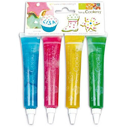 Scrapcooking Stylos gels alimentaires pailletés bleu-rose-jaune-vert