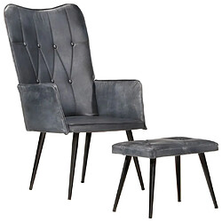 Maison Chic Fauteuil de Chambre à Coucher Salon,Chaises de Salle à Manger,Chaise à oreilles avec repose-pied Gris Cuir véritable -GKD84120