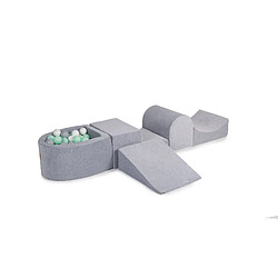 MeowBaby Aire de Jeux en Mousse avec Piscine a Balles, 4 éléments, 100 Balles, Velours, Gris Clair : Menthe/Gris/Blanc 