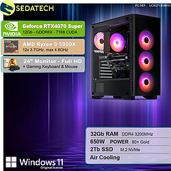 Sedatech Pack PC Gamer • AMD Ryzen 9 5900X • RTX4070 Super • 32Go RAM • 2To SSD M.2 • Windows 11 • Moniteur 24"