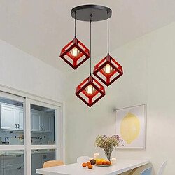 Stoex Suspension Cage Cube avec disque 3 Luminaire Contemporain, Lustre abat-jour Carré Salon Salle à Manger E27 Rouge