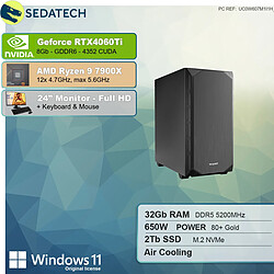 Sedatech Pack Workstation • AMD Ryzen 9 7900X • RTX4060Ti • 32Go DDR5 • 2To SSD M.2 • Windows 11 • Moniteur 24"