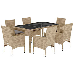 vidaXL Ensemble à manger de jardin et coussins 7 pcs beige rotin verre