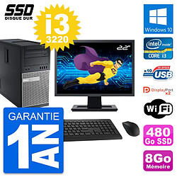 PC Tour Dell OptiPlex 9010 Ecran 22" i3-3220 RAM 8Go SSD 480Go Windows 10 Wifi · Occasion 