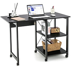 Helloshop26 Bureau pliable pour ordinateur table de travail moderne avec 2 étagères de rangement table pour ordinateur portable avec 6 roulettes noir 20_0008021 