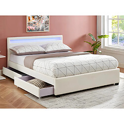 Vente-Unique Lit 140 x 190 cm avec rangements - Simili blanc avec LEDs + Matelas - ALOIS II