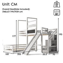 Avis KOMHTOM Lit enfant blanc lit superposé avec tableau noir et toboggan, escalier avec rangement, lit simple 90x200 cm avec protection antichute