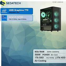 Sedatech PC de bureau • Intel i7-12700 • 8Go RAM • 1To SSD M.2 • 2To HDD • sans OS