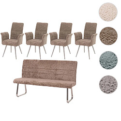 Mendler Set de salle à manger HWC-G55, set de 4 chaises avec accoudoirs+banc 180cm, inox brossé tissu/textile chenille ~ marron