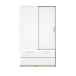 Pegane Armoire, meuble de rangement en bois mélaminé avec 2 portes coulissantes et 4 tiroirs coloris chêne naturel, blanc - Longueur 120 x Profondeur 60 x Hauteur 204 cm 