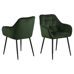 Toilinux Lot de 2 Chaises de salle à manger avec accoudoirs effet velours - Vert sapin et Noir