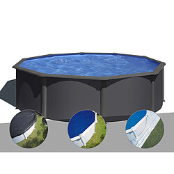 Kit piscine acier gris anthracite Gré Louko ronde 3,70 x 1,22 m + Bâche d'hivernage + Bâche à bulles + Tapis de sol 