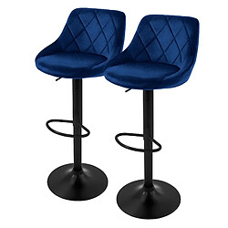 Tabouret de bar, lot de 2, bleu, revêtement velours, dossier et repose-pieds réglables en hauteur 62-82cm ML-Design