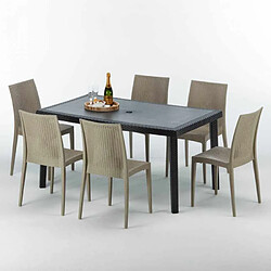 Grand Soleil Table rectangulaire et 6 chaises Poly rotin colorées 150x90cm noir Enjoy, Chaises Modèle: Bistrot Beige Juta 