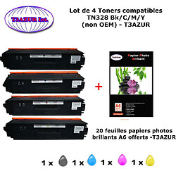 PACK 4 Toners Brother TN328 BK,C,Y,M pour imprimante Brother DCP9270CDN,HL 4570CDW,4570CDWT, MFC9970CDW+20f A6 brillants-T3AZUR 