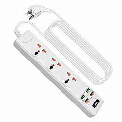 Multiprise 3 prises + 4 ports USB 2,4A Câble 2m Antistatique Inkax Blanc