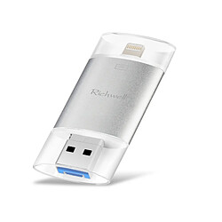 Wewoo Clé USB iPhone iDisk 3 en 1 64G Type-C + Lightning 8 broches + USB 3.0 métal Double disque cache push-pull avec fonction OTG (Argent) 