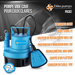 Pompe vide caves pour eaux claires 200W équipée d un flotteur - Ekko Pumps