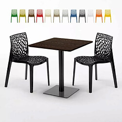 Grand Soleil Table carrée 70x70 plateau effet bois avec 2 chaises colorées Gruvyer Melon - Noir