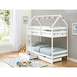 Vente-Unique Lits superposés cabane 2 x 90 x 190 cm - 2 tiroirs - Pin - Blanc + Matelas - CHORI 