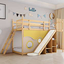 KOMHTOM Lit superposé 90x200cm avec escalier, clôture, rideau de lit, toboggan, étagère, anti - chute et grille, cadre en pin