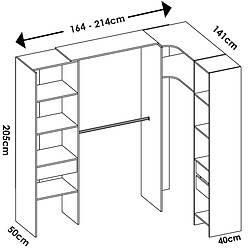 Pegane Kit armoire dressing d'angle extensible en bois mélaminé coloris chêne naturel - Longueur 164-214 x Profondeur 141 x Hauteur 205 cm