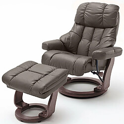 Inside 75 Fauteuil relax CLAIRAC XL assise en cuir marron pied en bois couleur noyer avec repose pied