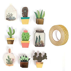 Youdoit 9 stickers 3D cactus et botanique 4 cm + masking tape doré à paillettes 5 m