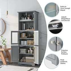 Helloshop26 Meuble de salle de bain à 4 portes 2 compartiments ouverts colonne salle de bain armoire haute avec étagères réglables pour salon cuisine 60 x 30 x 163 cm gris 20_0008873