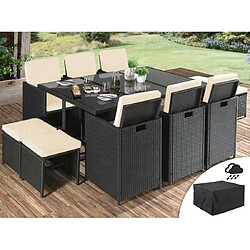 Bestmobilier Fira - Salon de jardin encastrable 10 places - en résine tressée - Noir avec coussins beiges + housse de protection