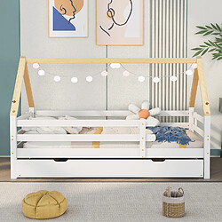 Sweiko Lit de cabane Lit simple Lit d'enfant Lit escamotable Lit coulissant avec roulettes en bas Lit blanc Poutrelle naturelle (200x90cm)