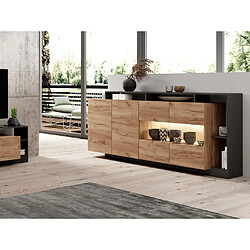 Vente-Unique Buffet 4 portes et 4 niches avec LEDs - Naturel clair et Anthracite - IDESIA