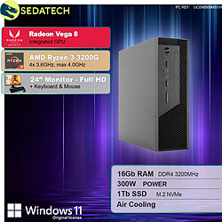 Sedatech Pack Mini-PC Pro • AMD Ryzen 3 3200G • Radeon Vega • 16Go RAM • 1To SSD M.2 • DVD-RW • Windows 11 • Moniteur 24"