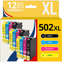 123CONSOMMABLES - 502XL - Cartouche d'encre pour Epson 502 XL pour Epson Expression Home XP-5100 XP5100 XP-5105 XP-5150 XP-5155 Workforce WF-2860 WF-2865 WF-2880 WF-2885 