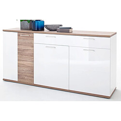 Pegane Buffet coloris blanc brillant mat et chêne massif - Longueur 180 x Hauteur 86 x Profondeur 43 cm 