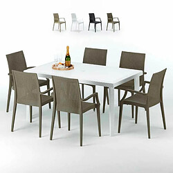 Table Rectangulaire Blanche 150x90cm Avec 6 Chaises Colorées Grand Soleil Set Extérieur Bar Café Paris Summerlife, Couleur: Marron