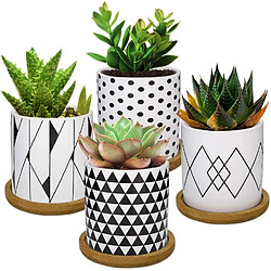 BESTA 4PCS Pot de Fleur, Mini Pots de Plantes Succulentes en Céramique avec Plateau en Bambou pour Petites Plantes Fleurs Cactus Décorations pour la Maison Décor 