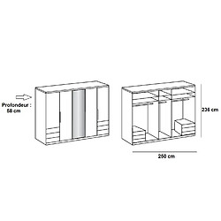 Inside 75 Armoire penderie LISEA 5 portes 6 tiroirs verre anthracite 250 x 236 cm HT