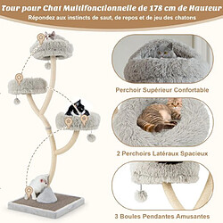 Helloshop26 Arbre à chat 178 cm avec cadre en métal incurvé tour à chat avec 3 balles suspendues 3 perchoirs griffoir en sisal gris 20_0007650