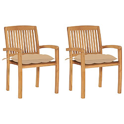 vidaXL Chaises de jardin lot de 2 et coussins beige Bois teck massif